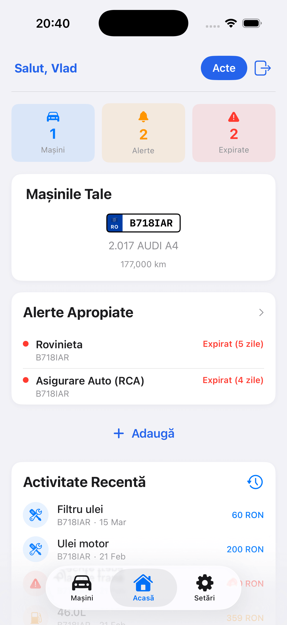 Ecranul principal al aplicației Alerte Auto