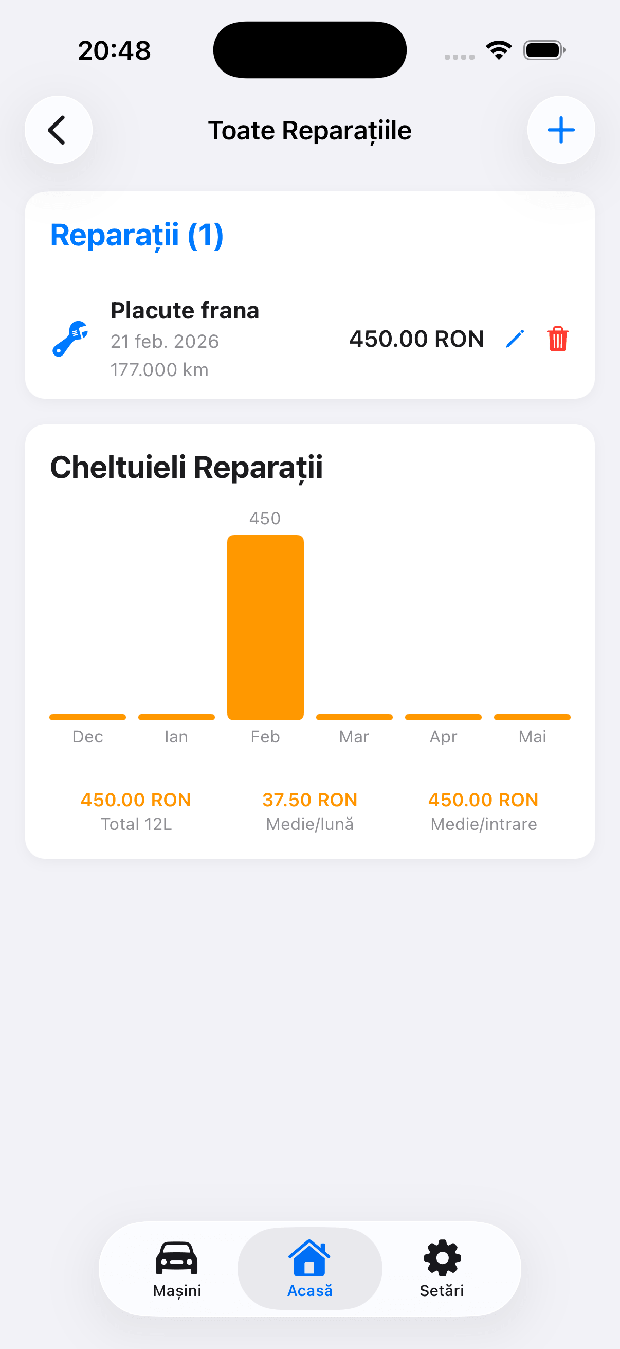Captură din aplicația Alerte Auto: Reparații
