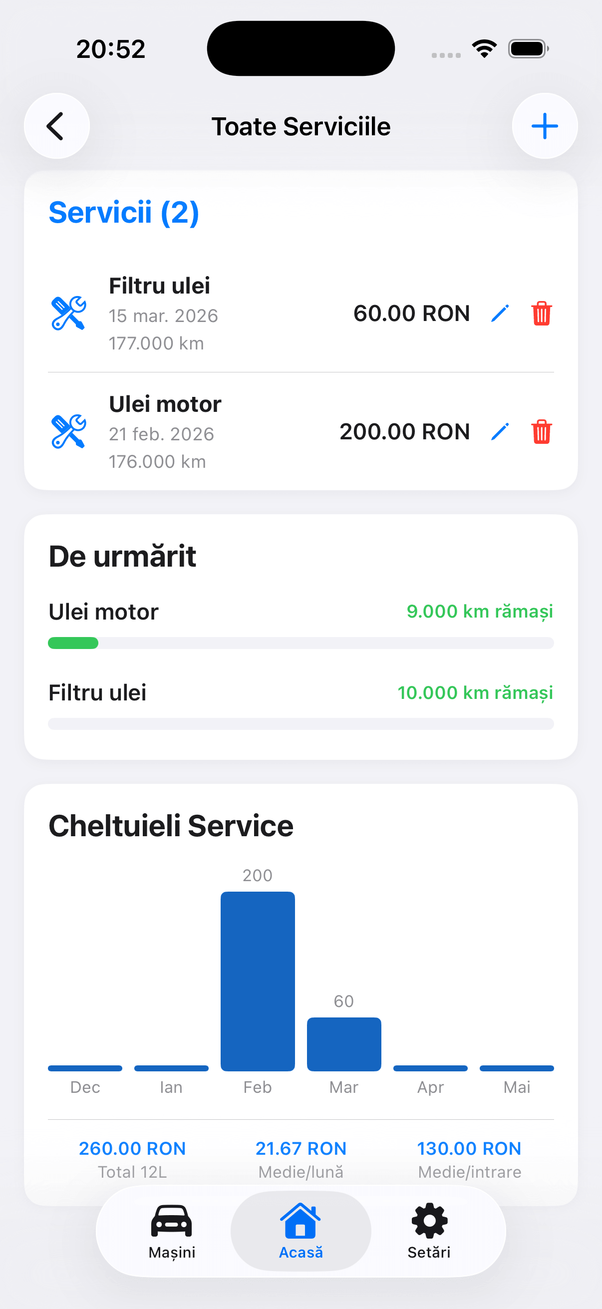 Captură din aplicația Alerte Auto: Servicii